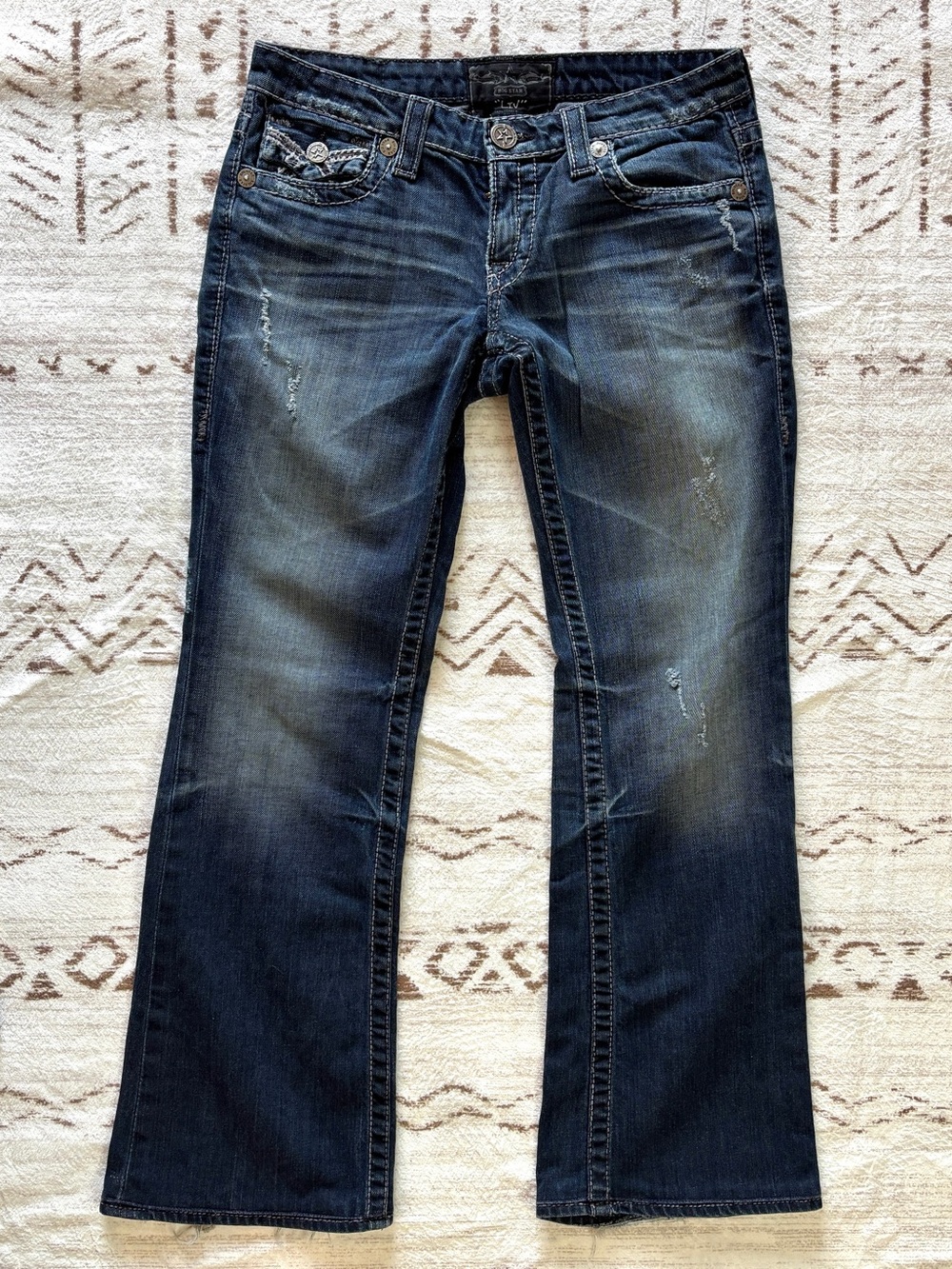 Big Star LIV Jeans Women’s 28R Dark Wash Distressed Bootcut Embellished Pockets
